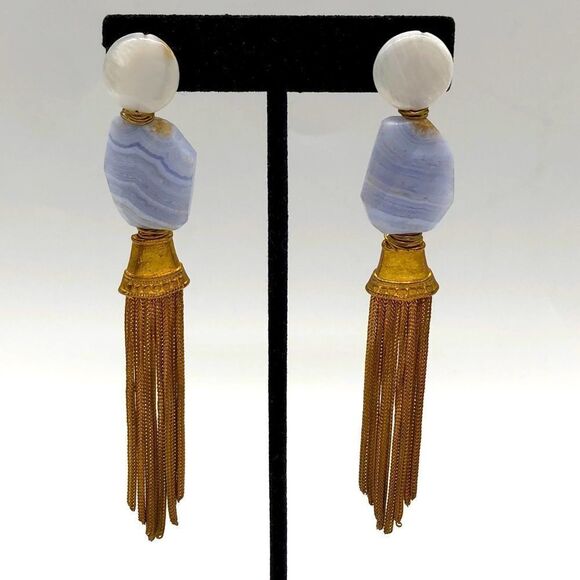 Dangle Tassel Earrings w/ Marble & Gold tone - Picture 2 of 2